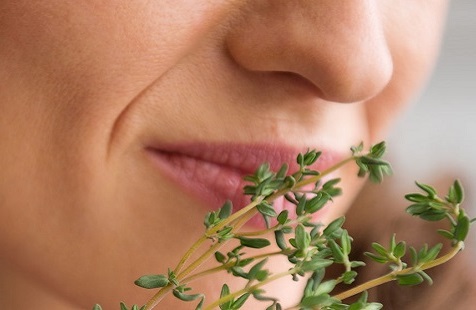 Donna che annusa erbe aromatiche per cucinare